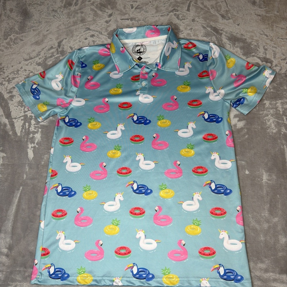 Proud 90 Golf Is Fun Polo Shirt Men's Small Blue Novelty Print Performance